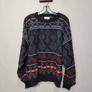 Vintage 90s Sears Mens Aztec Geometric Sweater XL Black Western Grunge Oversized